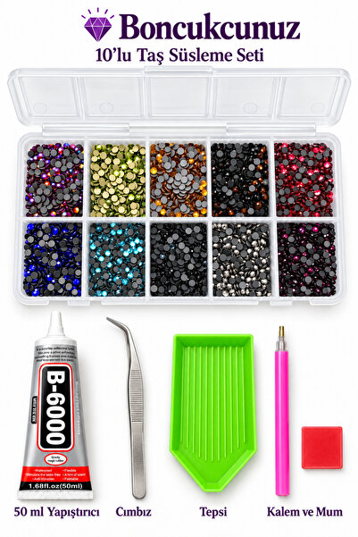 boncukcunuz Bedazzle 10 Compartment Glass Stone Embellishment Set B-6000 Adhesive with Stone Holding Pen and Tweezers