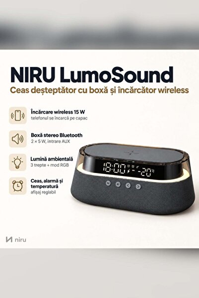 Niru Ceas deșteptător cu boxă și încărcător wireless – LumoSound - Negru