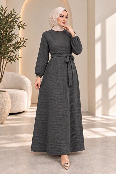 Wise&Go Store Women's Belted Textured Hijab Dress – Long Sleeve Casual Dress