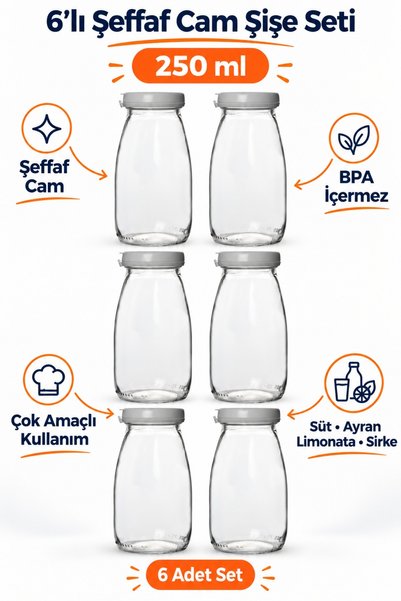 Milea 6 Pieces Transparent Glass Bottle Milk Ayran Lemonade Vinegar Soft Drin...