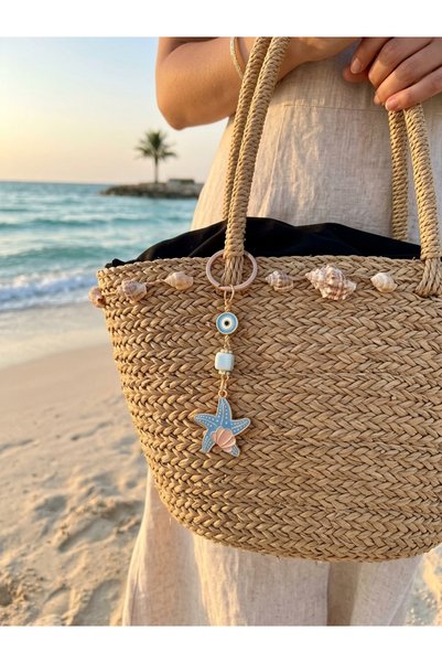 Azrua Light Blue Starfish Metal Keychain, Lucky Keychain, Metal Evil Eye Keychain Bag Accessory