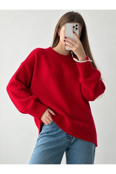 ModaAzen Red Crew Neck Oversize Women's Knitwear Sweater