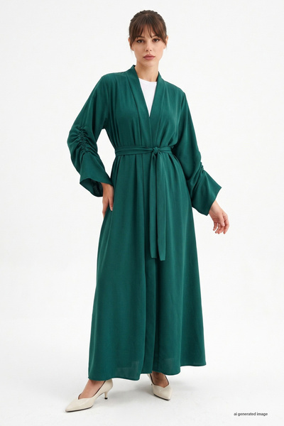 InStyle Abaya verde smarald cu șnur la mâneci și șnur la talie