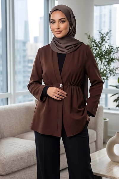 TOFİSA Tek Düğmeli Beli Lastikli Ceket Kahve - 28767-KAHVE