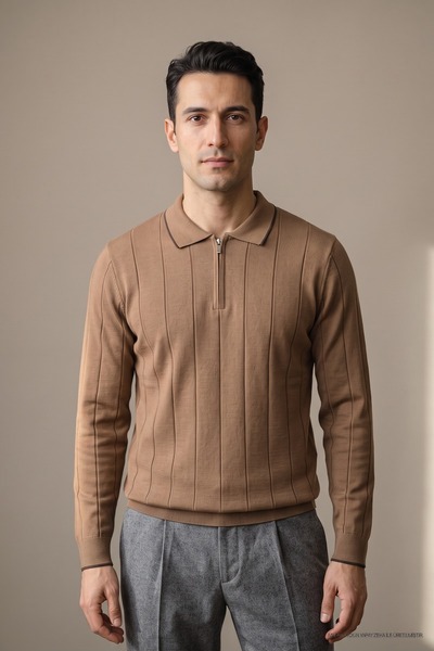 Maccali Men's Casual Relaxed Knitted Patterned Camel Sweater