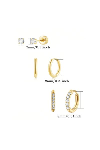 Choice Gold 3 Pairs Small Gold CZ Hoop Stud Earrings for Women, 18K Gold Plat...