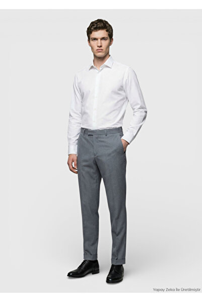 Ramsey Pantaloni gri țesuți, croială normală, casual, 100% lână