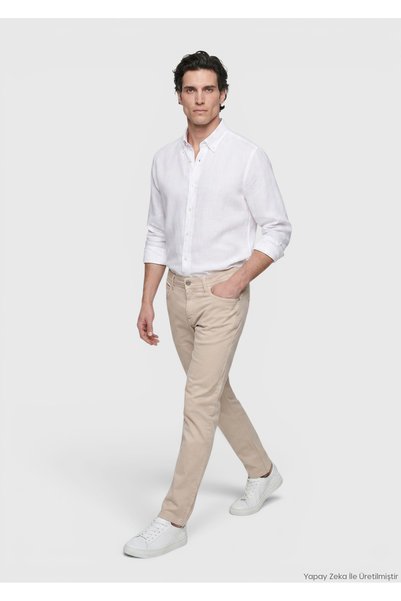 Ramsey Bej Dokuma Slim Fit Casual Pamuk Karışımlı Pantolon