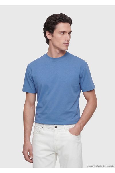 Ramsey Μπλουζάκι Blue Plain Crew Neck 100% βαμβακερό