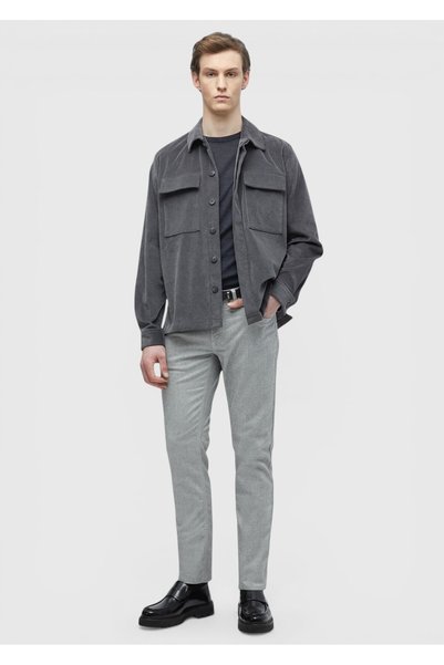 Ramsey Koyu Gri Düz Casual Fit Uzun Dokuma Kadife %100 Pamuk Overshirt