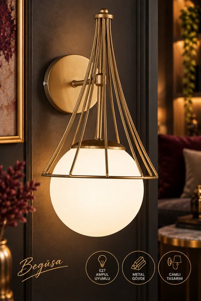 Begüsa Antique Wall Sconce, White Globe Glass, Modern Wall Sconce, Decorative Wall Lighting, Corridor and Hallway Lighting, Entrance Sconce