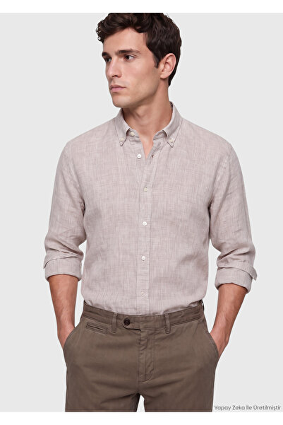 Ramsey Beige Plain Casual Fit Long Woven Casual 100% Linen Shirt
