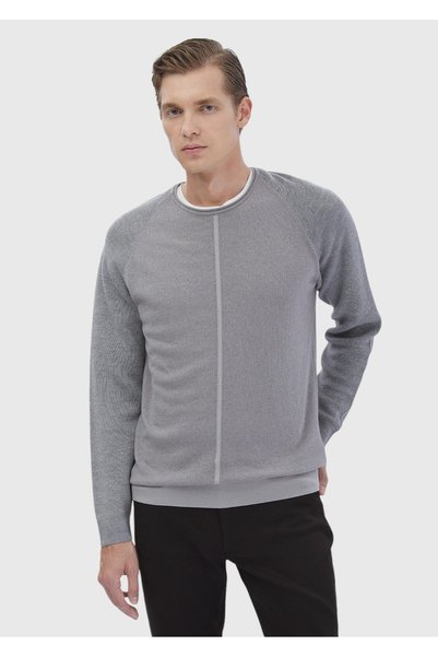 Ramsey Pulover gri din amestec de lână jacquard cu guler rotund