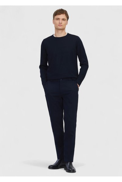 Ramsey Μπλε Navy Plain Woven Jogging Fit Casual βαμβακερό παντελόνι