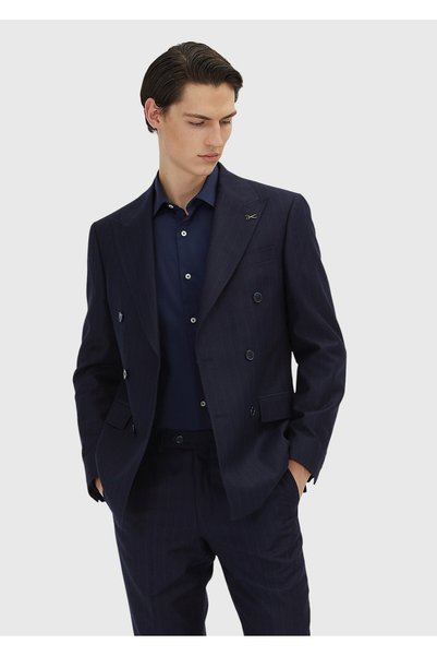 Ramsey Lacivert Çizgili Zeroweight Slim Fit %100 Yün Takım Elbise
