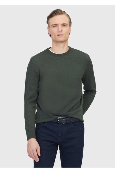Ramsey Pulover kaki cu gât rotund din tricot din amestec de lână