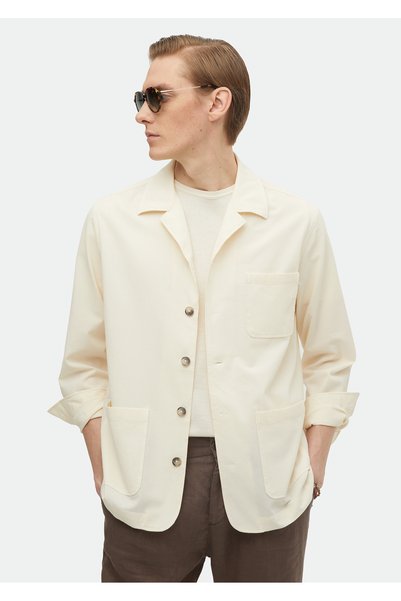 Ramsey Ekru Düz Casual Fit Uzun Dokuma Pamuk Karışımlı Overshirt
