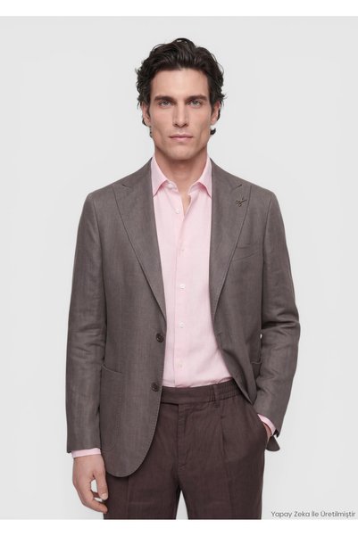 Ramsey Açık Kahve Düz Zeroweight Slim Fit Keten Karışımlı Ceket
