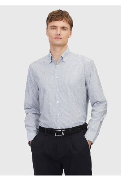 Ramsey Cămașă casual lungă, cu dungi gri, țesută, 100% bumbac