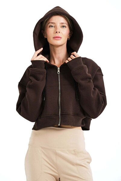 JUSTEVER Crop Hooded Zippered Kangaroo Pocket Raised Hoodie Bitter Coffee Wom...