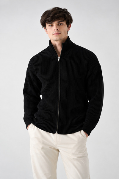 İLKCET MODA Cardigan negru premium din tricot Selanik, supradimensionat, cu f...