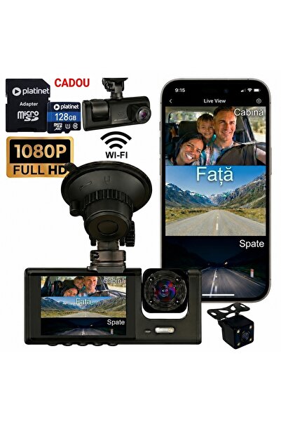 STELAMOS Cameră Auto DVR Triplă 1080P Full HD, 3 Canale, Wi-Fi, Aplicație Vii...