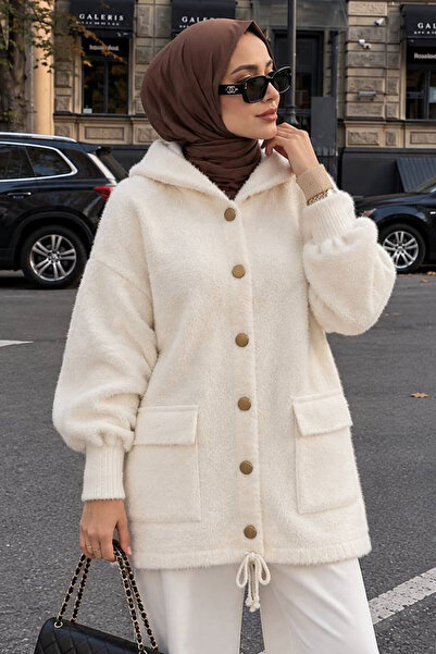 N.S NEVA STYLE Hooded Buttoned Pocketed Cream Hijab Knitwear Cardigan 241482Kr
