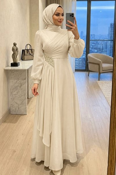 N.S NEVA STYLE Sparkling Fabric Draped Ecru Hijab Evening Dress 4916E