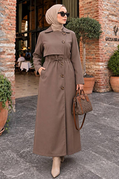 N.S NEVA STYLE Buttoned Mink Hijab Trench Coat 684V