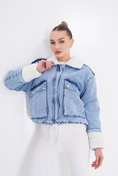 citycenterfashion Jachetă de blugi de damă cu guler și manșete din pluș cty-ş...