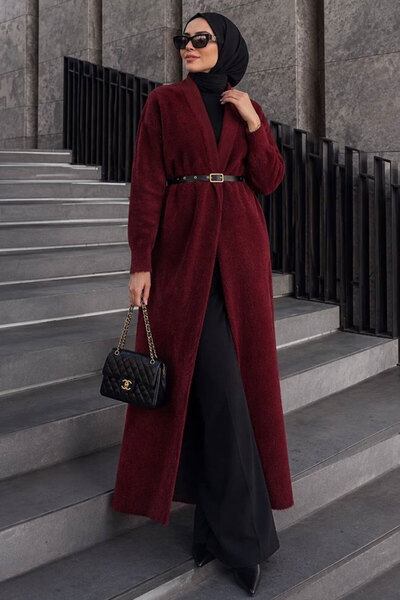 N.S NEVA STYLE Long Open Front Burgundy Beard Angora Hijab Knitwear Cardigan ...