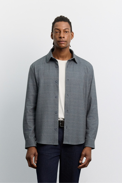 Avva Ανδρικό πουκάμισο με μπλε σχέδιο Houndstooth, κλασικό γιακά, μακρυμάνικο...