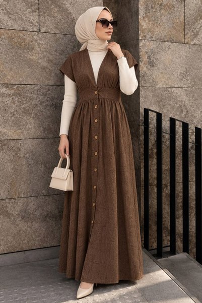 N.S NEVA STYLE Düğmeli Camel Tesettür Jile Elbise 6284C