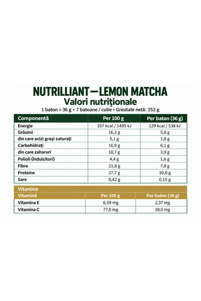 NUTRILLIANT Baton proteic cu lămâie și matcha | 7 batoane x 36 gr |