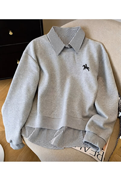 SANTAMİLA Gray Crew Neck Horse Printed Oversize Sweatshirt