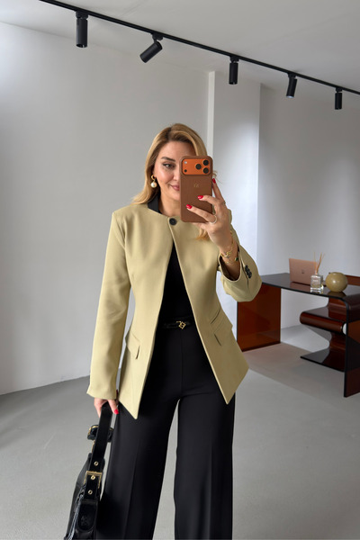 Sezgi Tekin Oil Green Judge Collar Single Button Blazer Jacket