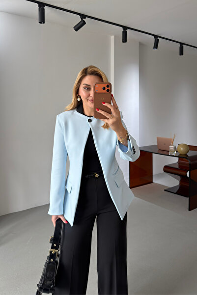 Sezgi Tekin Baby Blue Hakim Collar Single Button Blazer Jacket