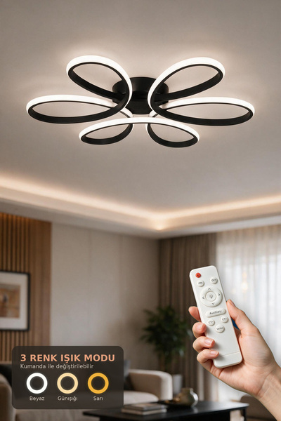 Elektroyou Nipul Siyah Plafonyer Modern Kumandalı 3 Renk Işık Ledli Avize