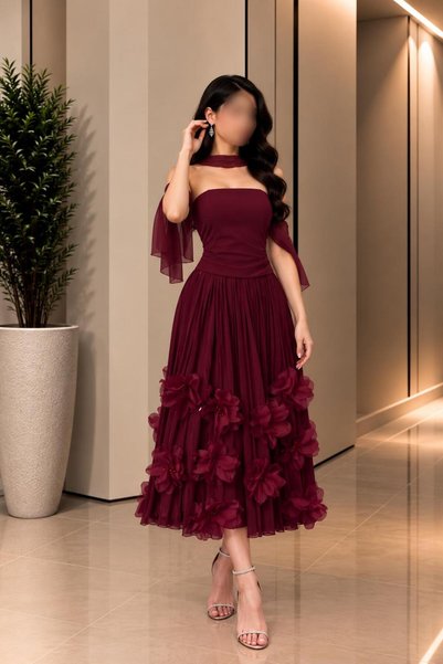 GORI FASHION فستان سهرة راقي ميد بليسه مزين بالورود مناسب لسن المحير