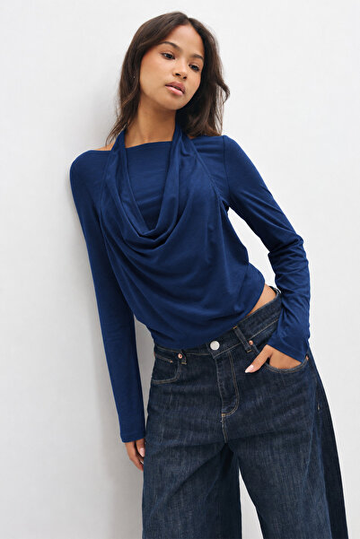 ecemore Double Layered Front, Halter Neck, Flowy, Drapey Collar, Long Sleeve ...