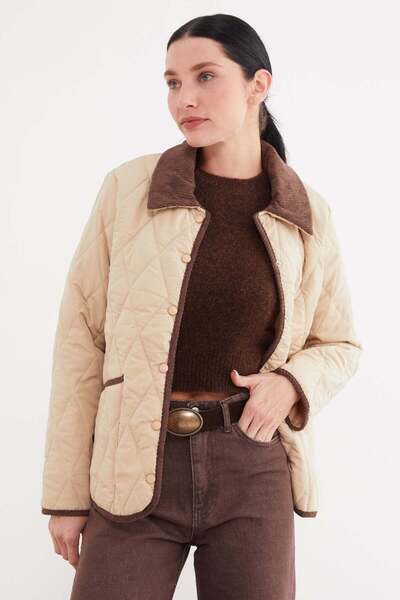 Fulla Moda Velvet Detail Polo Collar Quilted Jacket