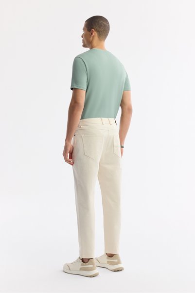 Avva Men's Beige Classic Waist Cotton Plain Washed Oslo Carrot Fit Jean Trousers A51Y3548