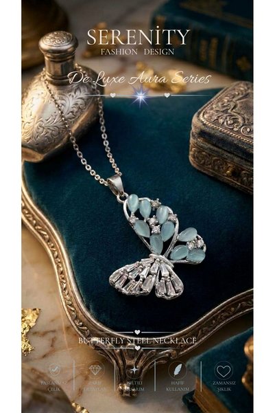 Serenity Turquoise White Zircon Stone Butterfly Steel Necklace