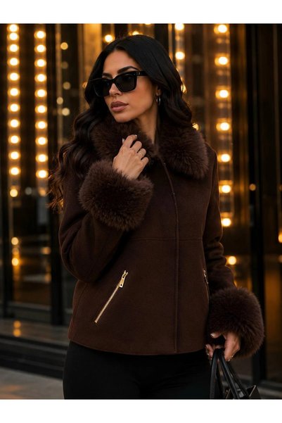 bysocafashion Women's Brown Cashmere Jacket Fur-Look Collar Voluminous Fur Cu...