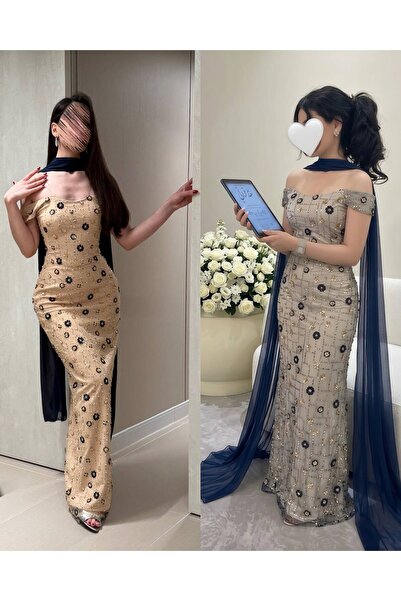 Barly Long Champagne Beaded Evening Dress with Navy Shawl
