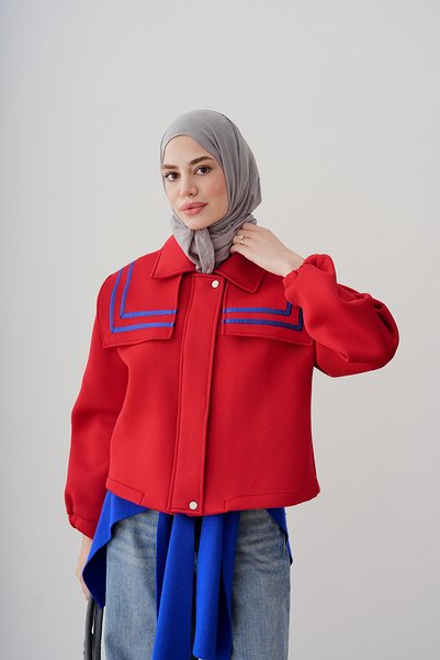 LOCCO Women's Collar Stripe Detail Hidden Zipper Jacket Red