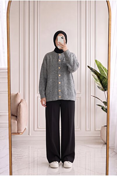 Holehola Hediye Gold Buttoned Crew Neck Soft Cardigan-Kr6056 Anthracite