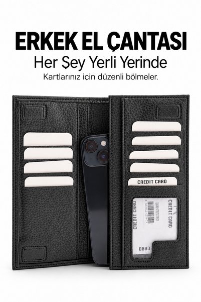 EYCH Crna muška torba, veliki novčanik sa pretincem za telefon, držačem za ka...