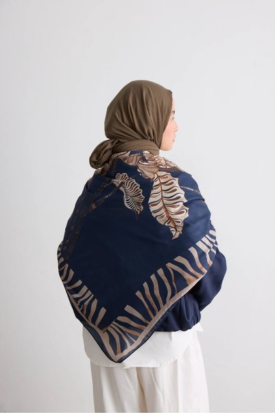 Modakaşmir 140X140 Veridia Patterned Cotton Shawl Scarf Navy Blue