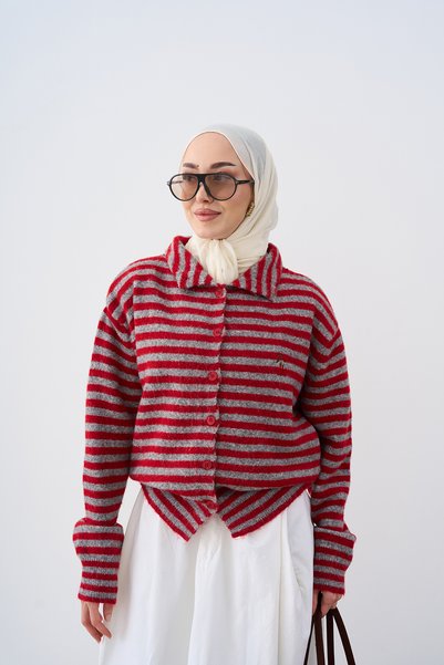 LOCCO Women's Thick Striped Knitwear Cardigan Red